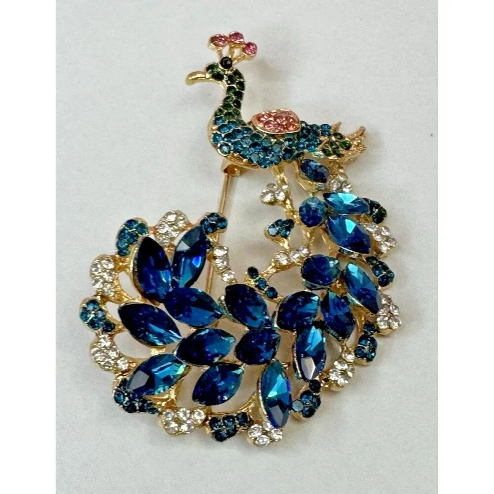Peacock Brooch Blue Rhinestone Navette Goldtone Pin 2.25”